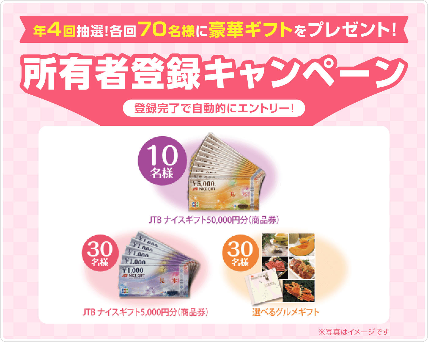 春のプレゼントキャンペーン 所有者登録をするだけ！抽選でギフト券50,000円分や豪華グルメギフトが当たる！ 申込期間：2025年1月1日〜4月30日