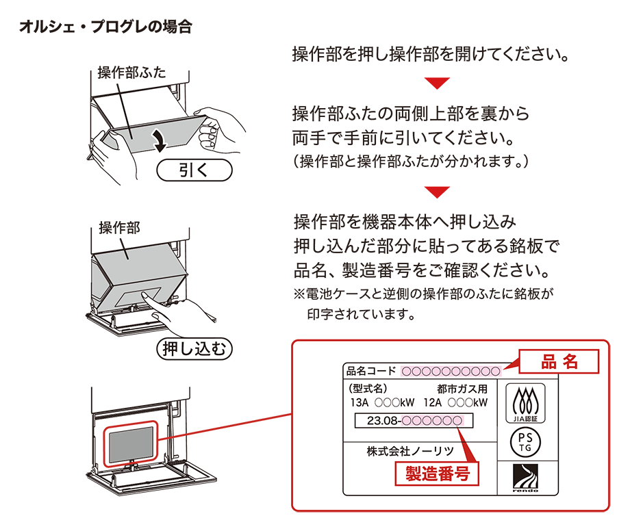 厨房機器の製品名・製造番号確認方法